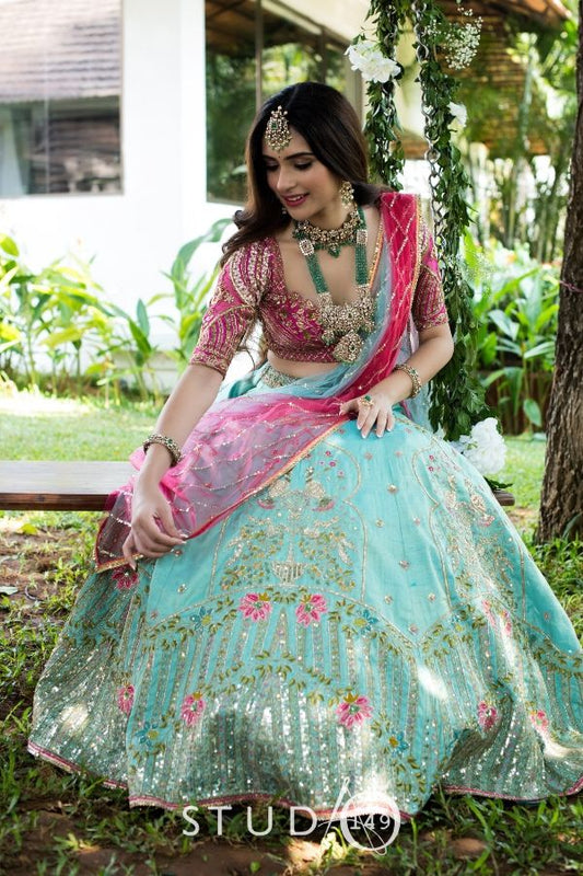 DESIGNER WEDDING RAW SILK LEHENGA IN AQUA BLUE