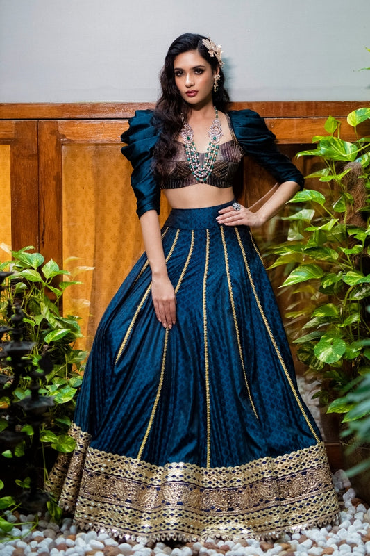 DESIGNER CROPTOP & SKIRT IN NAVY BLUE