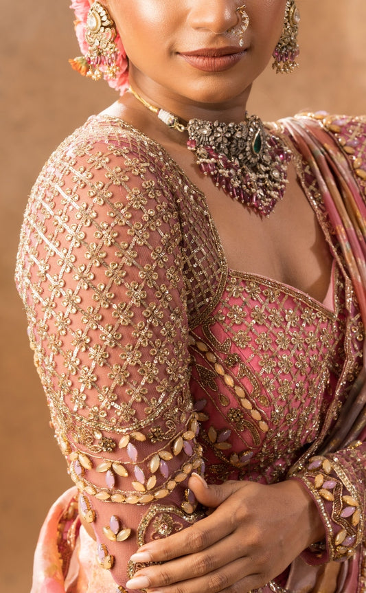 BRIDAL KANJEEVARAM HALF SAREE IN PINK AND GOLD