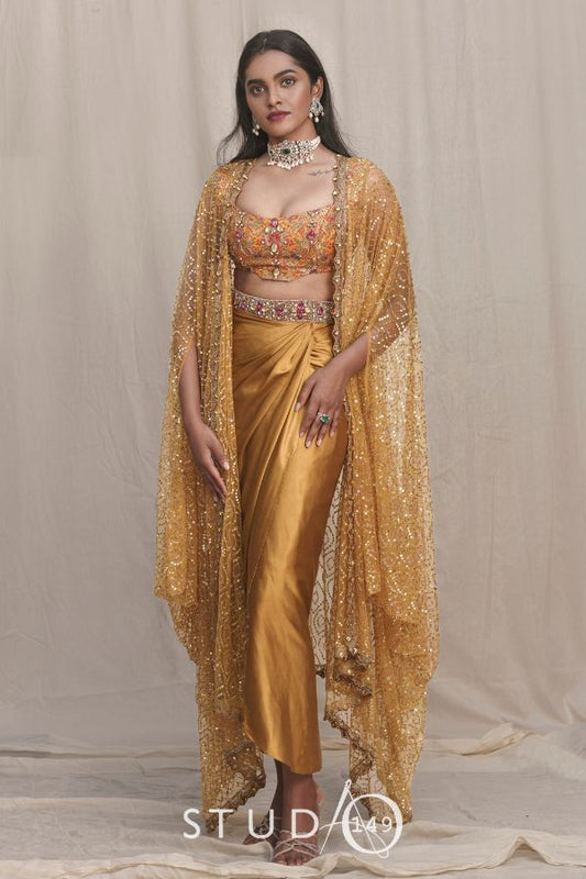 DESIGNER DRAPED OUTFIT IN MUSTARD