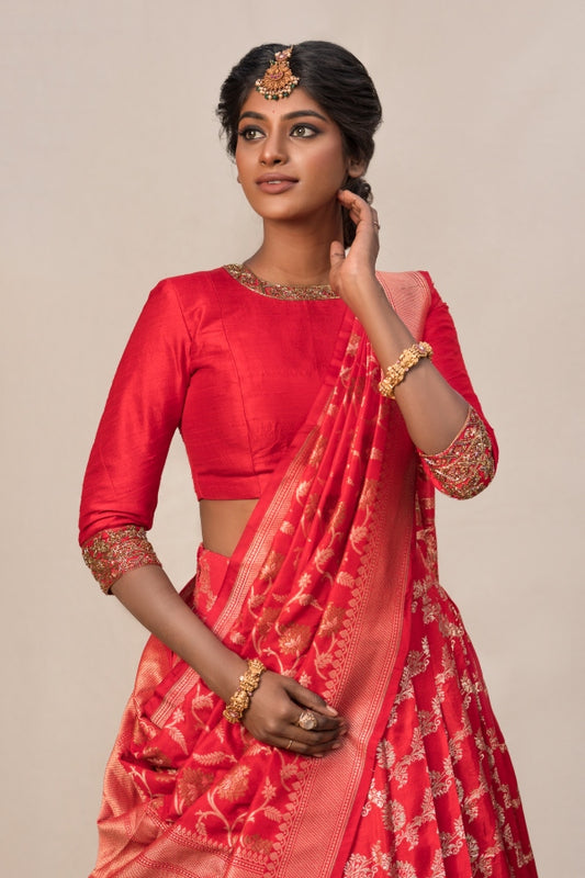 RED BANARES ENGAGEMENT LEHENGA