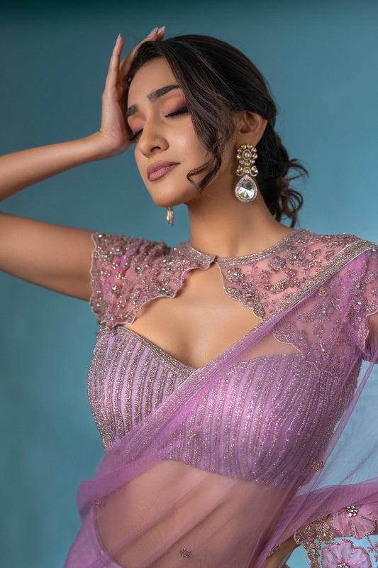 CONTEMPORARY DRAPED DESIGNER SAREE IN LILAC