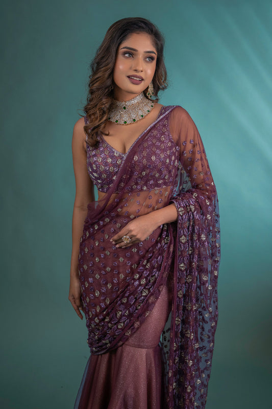 DESIGNER DRAPED SAREE IN WINE