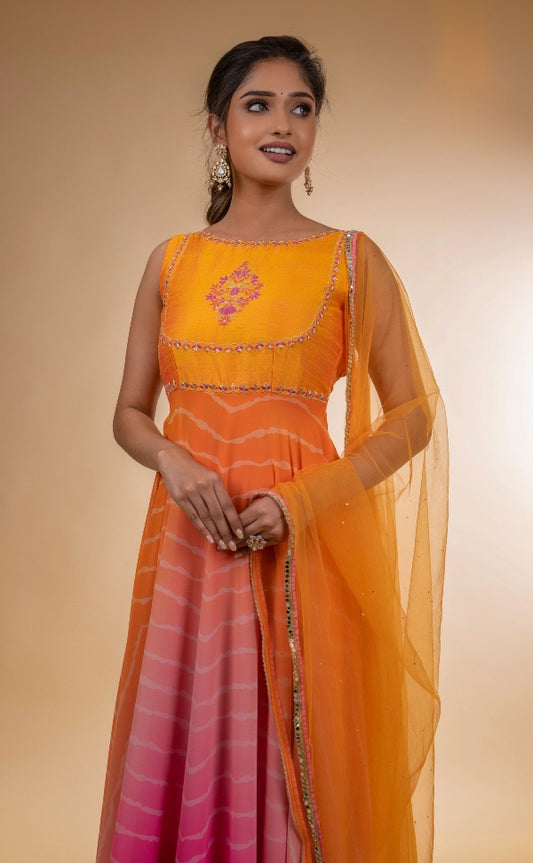 DESIGNER BRIDESMAID ANARKALI IN ORANGE AND PINK