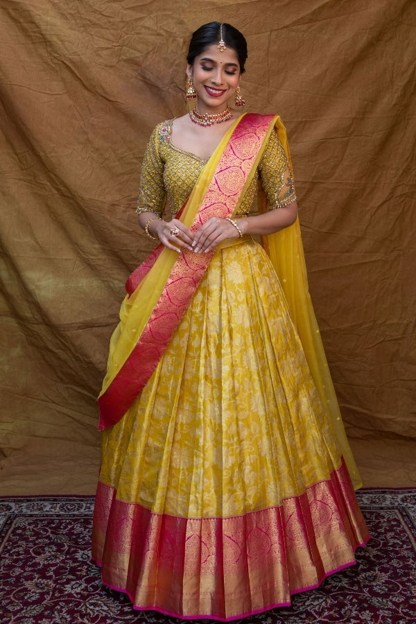 BRIDAL KANJEEVARAM HALF SAREE SET IN YELLOW Studio 149 Fashion