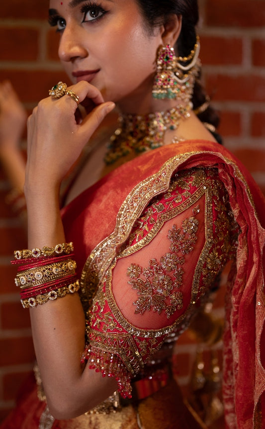 BRIDAL KANJEEVARAM LEHENGA IN RED AND GOLD