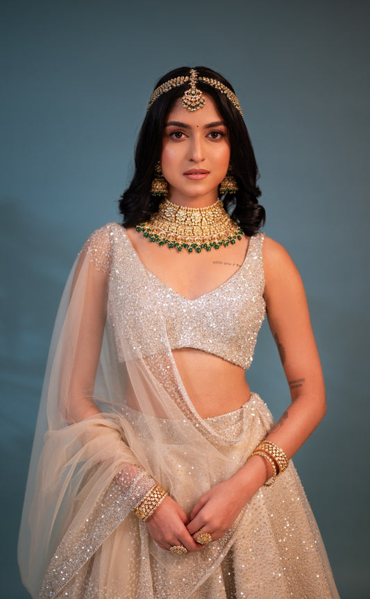 BRIDAL HAND EMBROIDERED LEHENGA IN OFF-WHITE