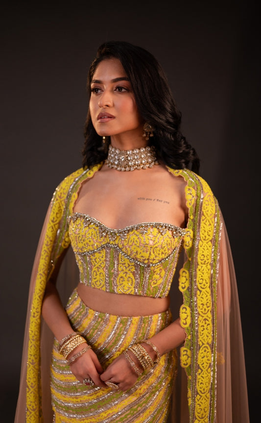 BRIDAL EMBROIDERED LEHENGA IN GREEN AND YELLOW