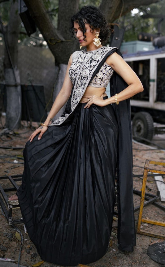 DESIGNER DRAPED SAREE SET IN BLACK