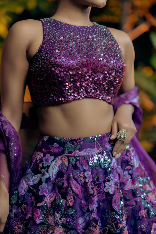 DESIGNER EMBELLISHED CROP TOP AND SKIRT IN PURPLE