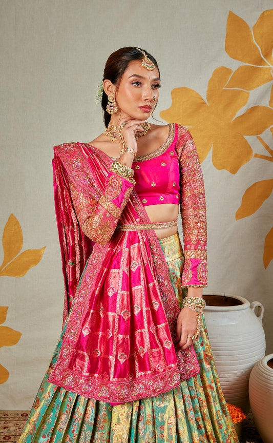 BRIDAL KANJEEVARAM HALF SAREE IN GREEN AND PINK