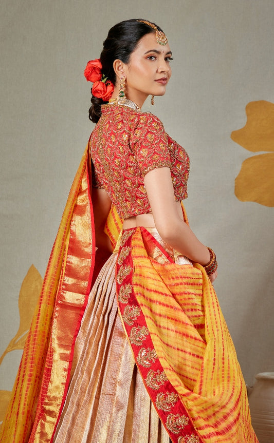 BRIDAL KANJEEVARAM HALF SAREE IN GOLD AND RED