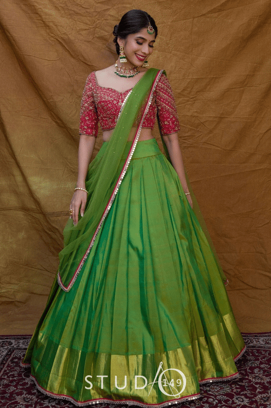 KANJEEVARAM BRIDAL HALF SAREE SET IN GREEN