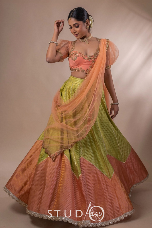 DESIGNER BROCADE LEHENGA IN GREEN AND PEACH