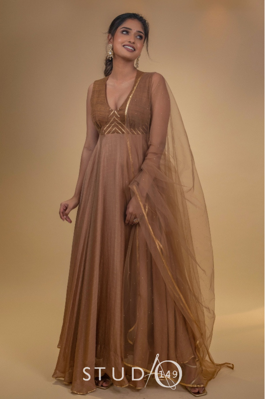 DESIGNER BRIDESMAID ANARKALI IN BROWN