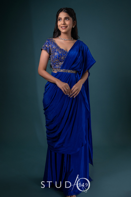 DESIGNER DRAPED SAREE IN BLUE