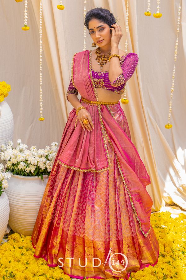 BRIDAL KANJEEVARAM HALF SAREE SET IN PINK – Studio 149 Fashion