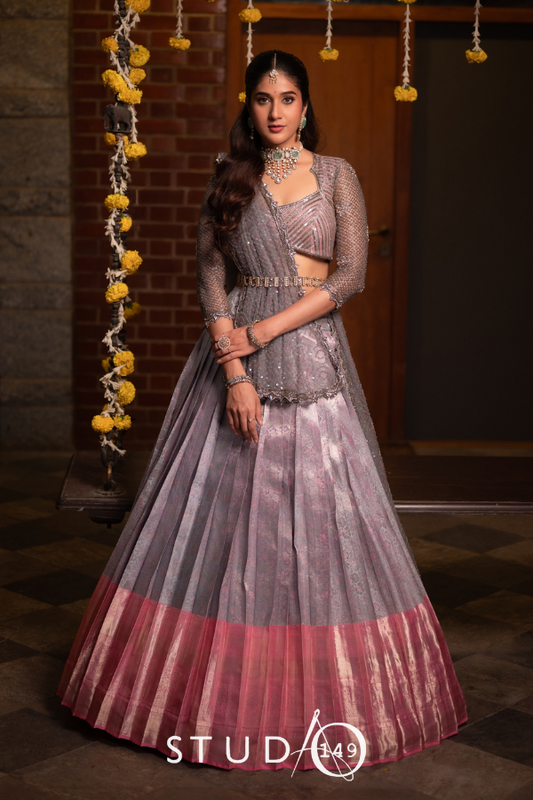 BRIDAL KANJEEVARAM HALF SAREE IN LILAC AND PINK