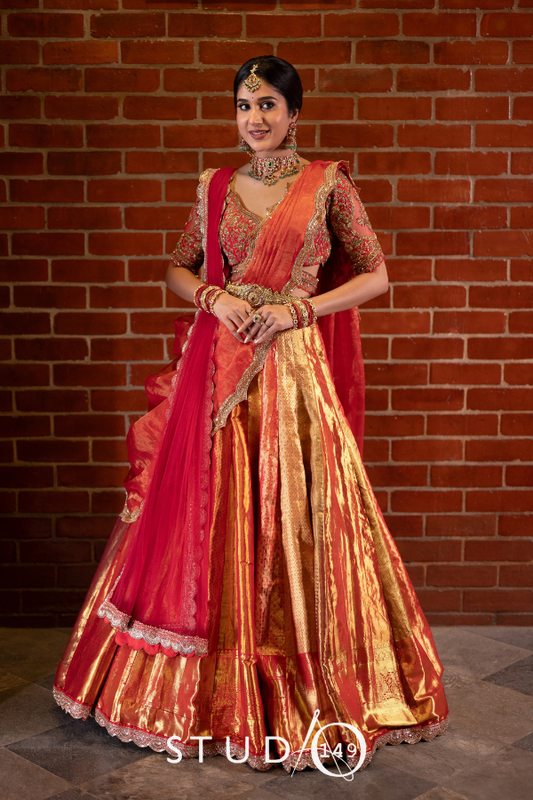 BRIDAL KANJEEVARAM LEHENGA IN RED AND GOLD