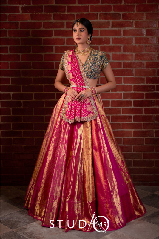 BRIDAL KANJEEVARAM LEHENGA IN PINK AND GOLD