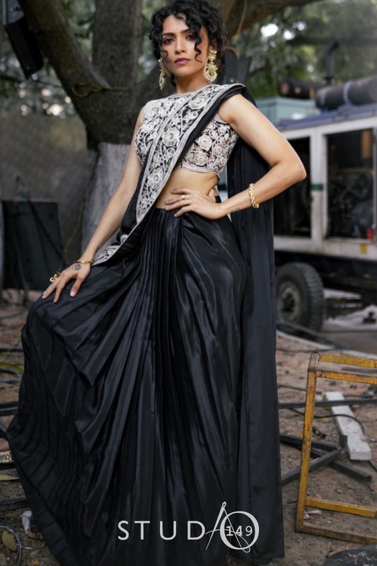 DESIGNER DRAPED SAREE SET IN BLACK