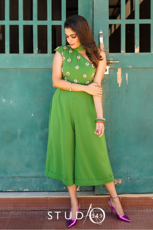 DESIGNER EMBELLISHED JUMPSUIT IN GREEN