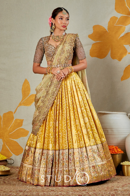 BRIDAL KANJEEVARAM HALF SAREE IN YELLOW AND GREY