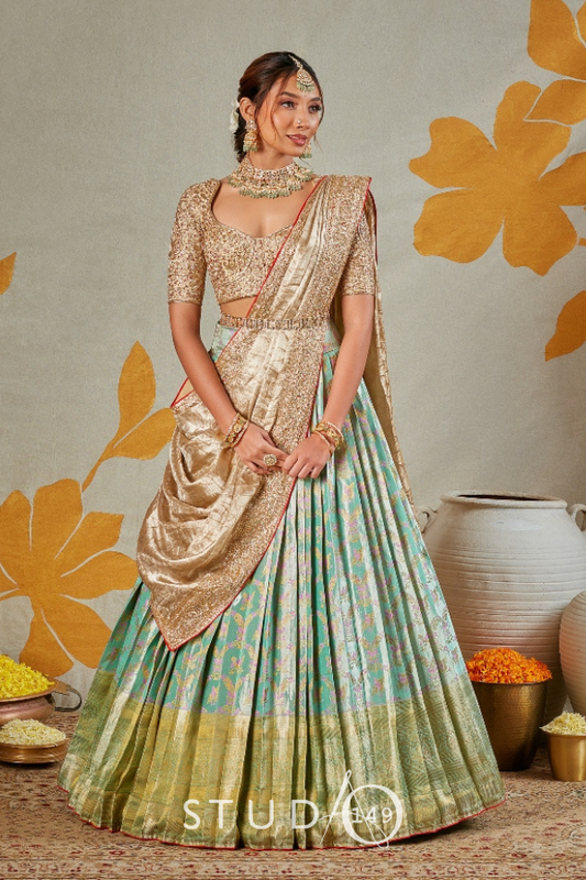 BRIDAL KANJEEVARAM HALF SAREE IN MINT GREEN AND OFF-WHITE