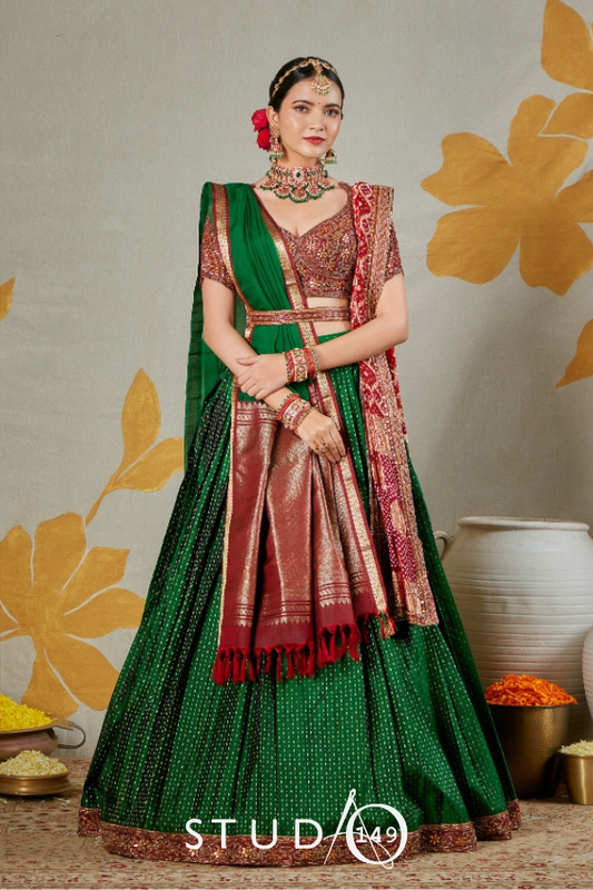 BRIDAL KANJEEVARAM HALF SAREE IN BOTTLE GREEN AND MAROON