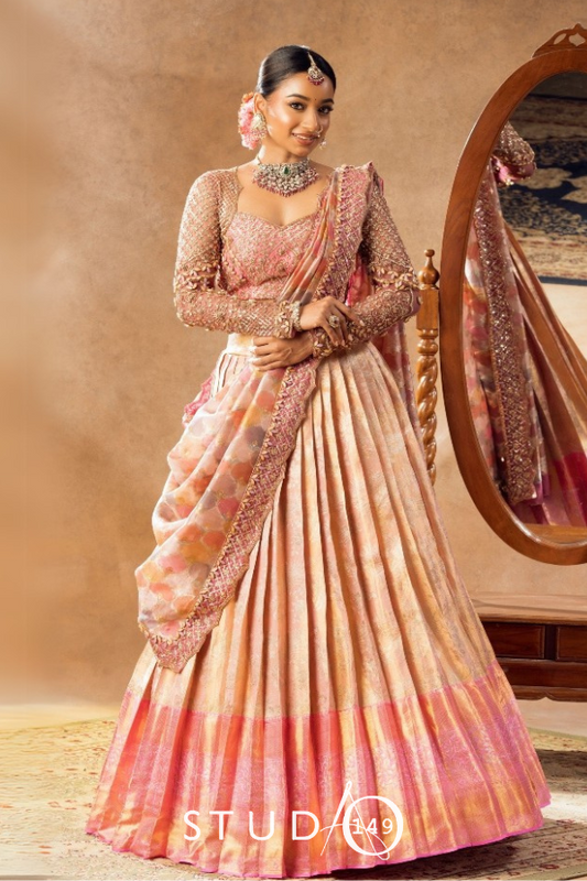 BRIDAL KANJEEVARAM HALF SAREE IN PINK AND GOLD