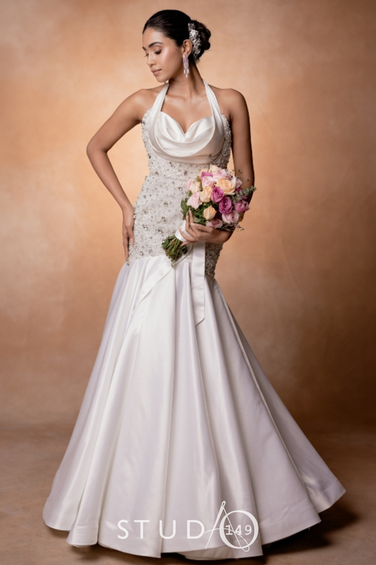 DESIGNER COWL DRAPED WEDDING GOWN