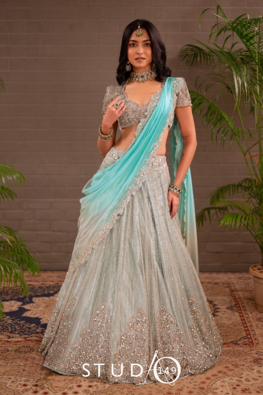 BRIDAL TULLE LEHENGA IN BLUE AND GREAY