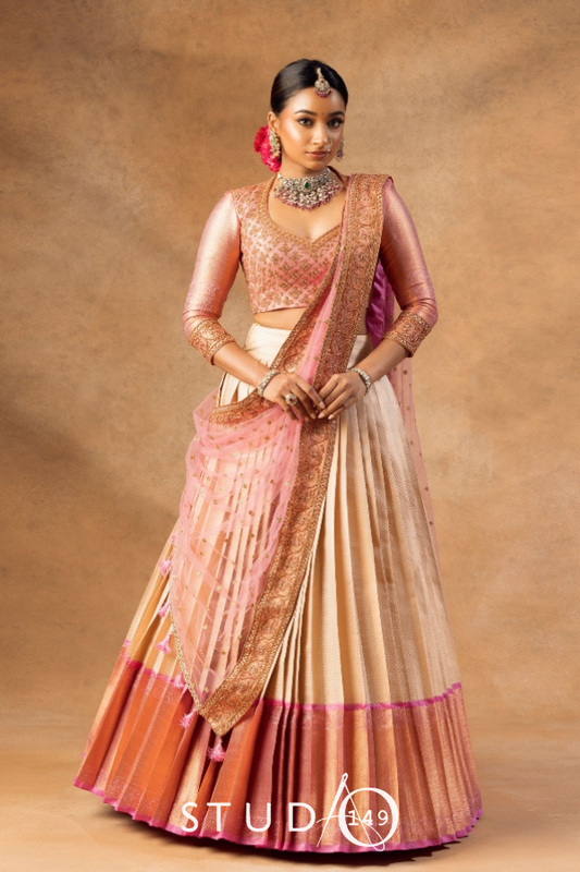 DESIGNER HALF SAREE IN OFF-WHITE AND PINK