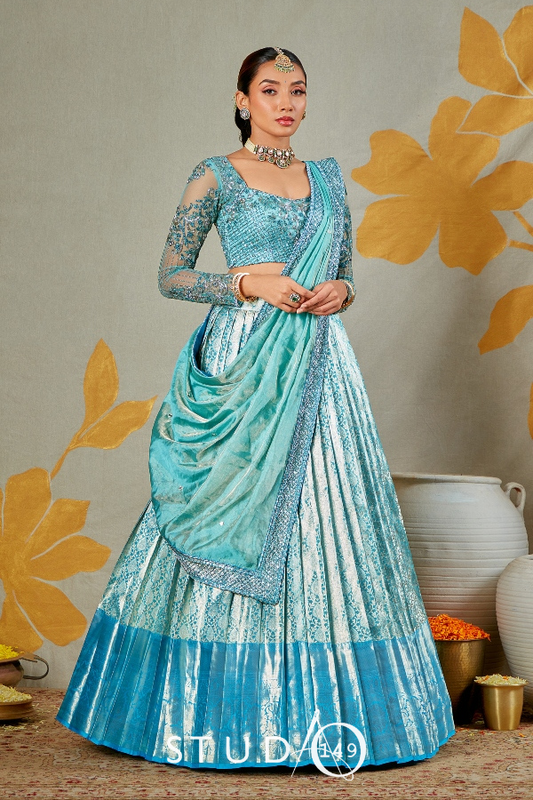 BRIDAL KANJEEVARAM HALF SAREE IN BLUE