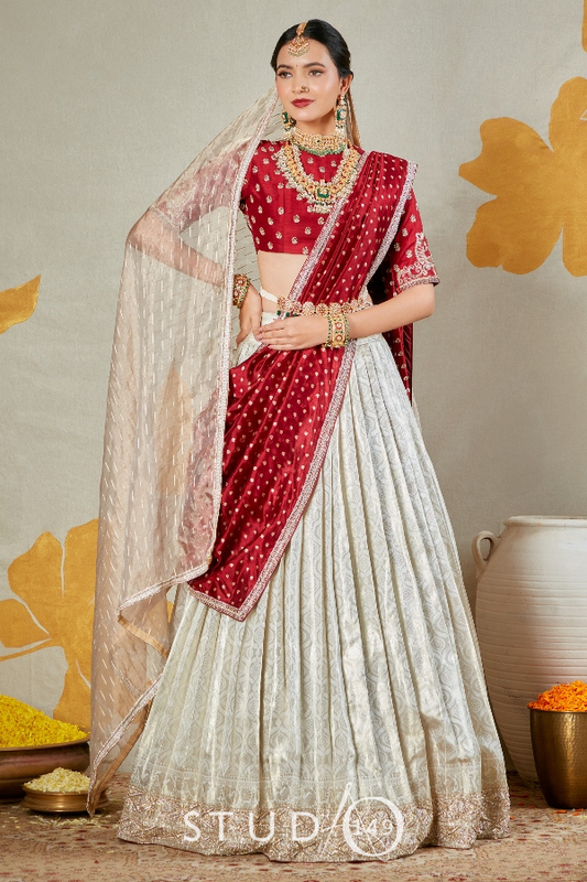 BRIDAL KANJEEVARAM HALF SAREE IN MAROON AND SILVER