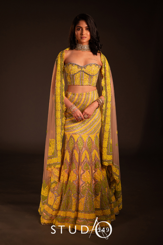 BRIDAL EMBROIDERED LEHENGA IN GREEN AND YELLOW