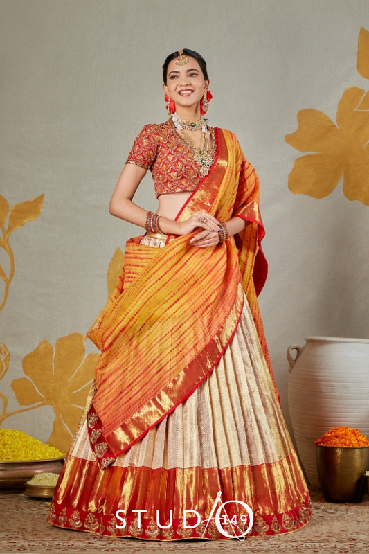 BRIDAL KANJEEVARAM HALF SAREE IN GOLD AND RED