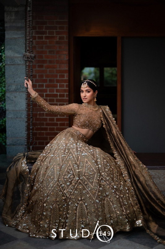 BRIDAL TULLE LEHENGA IN BROWN AND GOLD