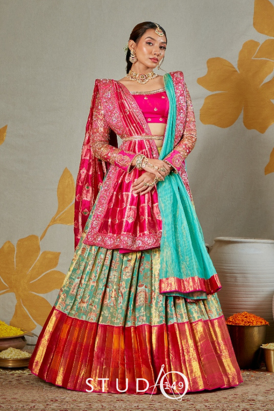 BRIDAL KANJEEVARAM HALF SAREE IN GREEN AND PINK